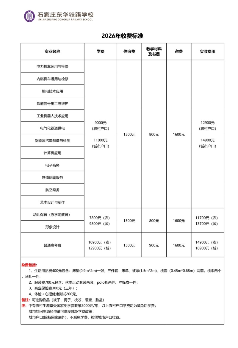 石家莊東華鐵路學(xué)校2026年秋季招生學(xué)費(fèi)多少錢？有資助政策嗎？